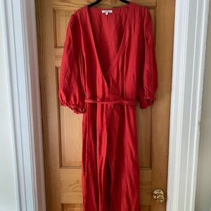 Madewell Red Linen-blend Ruffle-cuff Wrap Dress